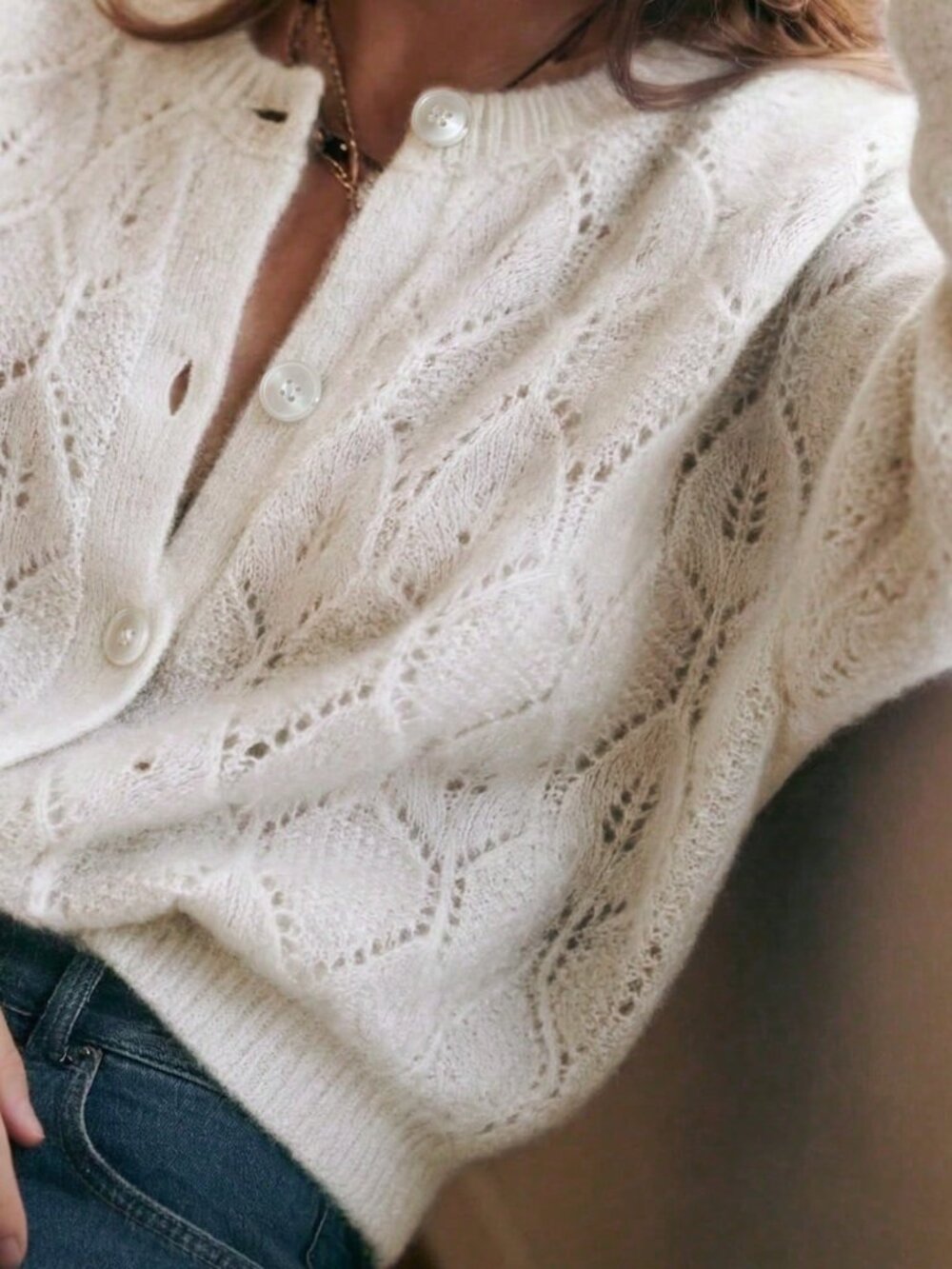 White Casual Women's Mohair Knit Cardigan